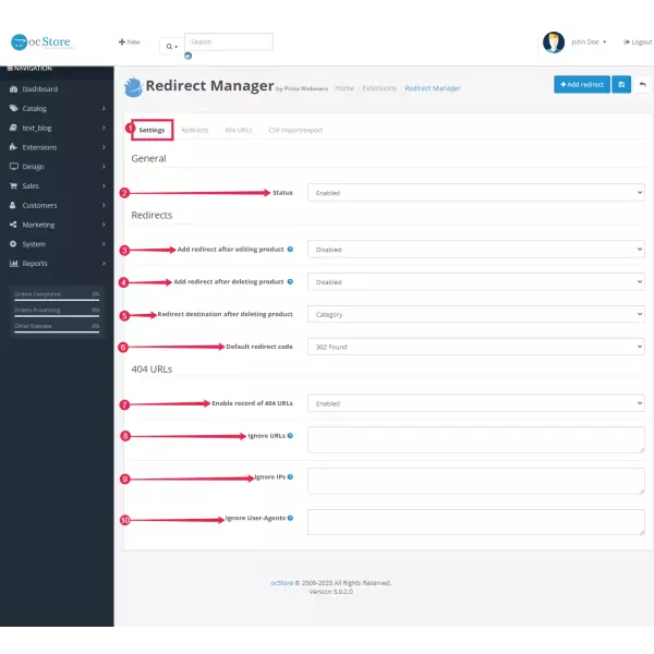 Redirect URLs Manager - 301, 302, 307 and 404 SEO optimizer for OpenCart (v. 1.5*-4.*)