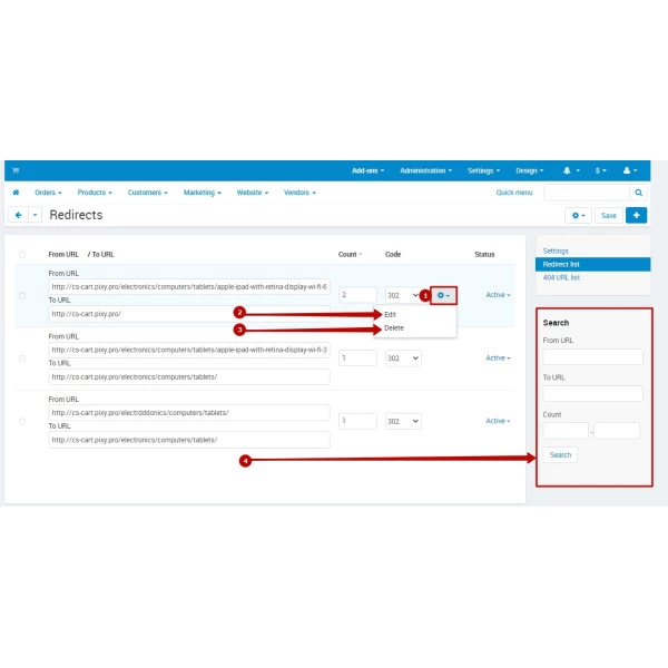 Redirect URLs Manager - 301, 302, 307 and 404 SEO optimizer for CS-cart